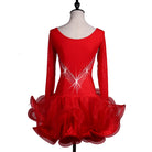 Red long sleeve latin dance dress rear view with the ruffle skirt