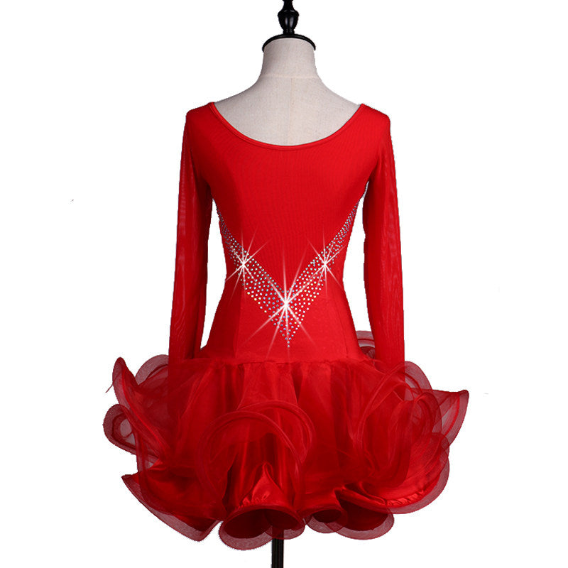 Red long sleeve latin dance dress rear view with the ruffle skirt
