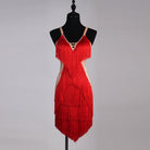 Red dense fringe latin dance dress with beaded straps and open back