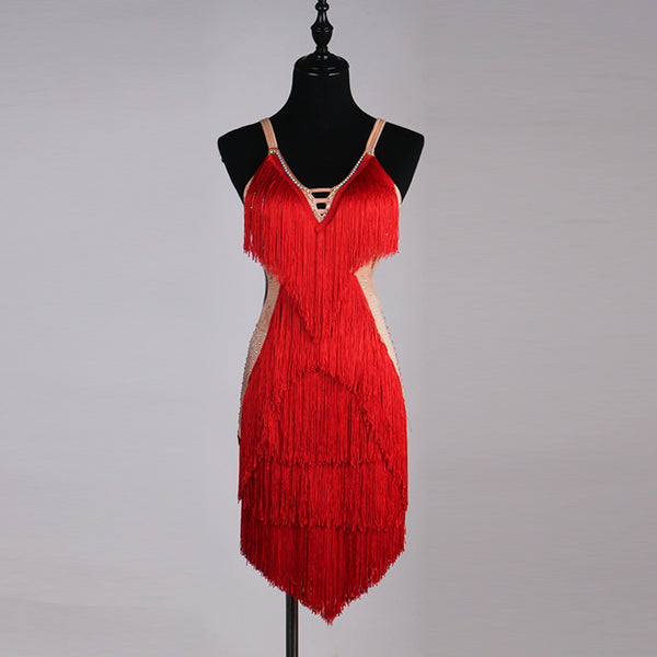 Red dense fringe latin dance dress with beaded straps and open back