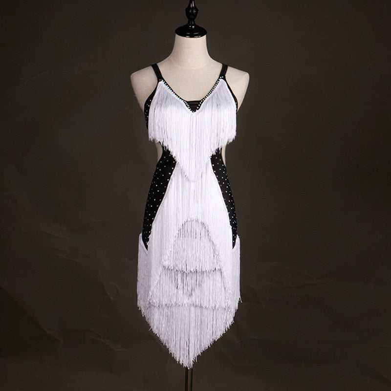 White dense fringe latin dance dress with black beaded trim at the neckline