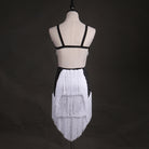 White dense fringe latin dance dress rear view showing the open back and crossed straps