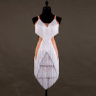 White dense fringe latin dance dress front view with the tiered tassel skirt