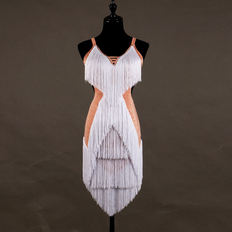 White dense fringe latin dance dress front view with the tiered tassel skirt
