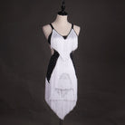 White dense fringe latin dance dress side view showing the fringe weight