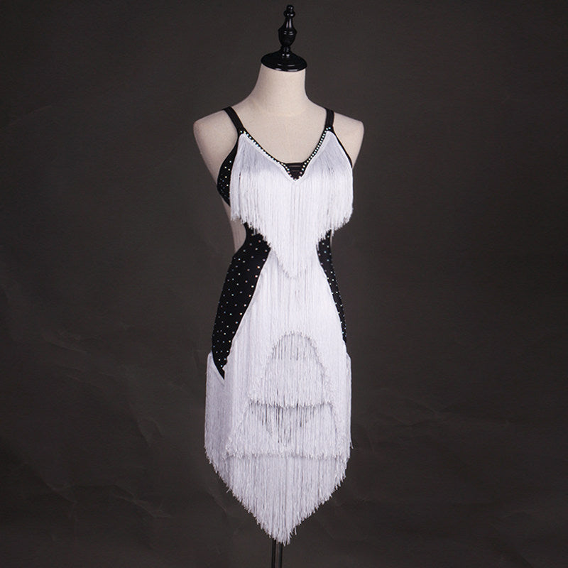 White dense fringe latin dance dress side view showing the fringe weight