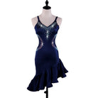 Navy latin dance dress with rhinestone V neckline and mermaid flounce hem