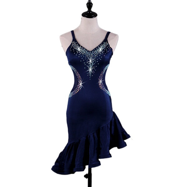 Navy latin dance dress with rhinestone V neckline and mermaid flounce hem