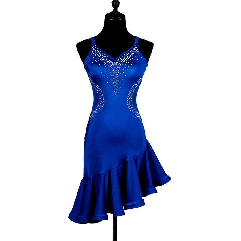 Blue latin dance dress with rhinestone spray bodice and mermaid flounce hem