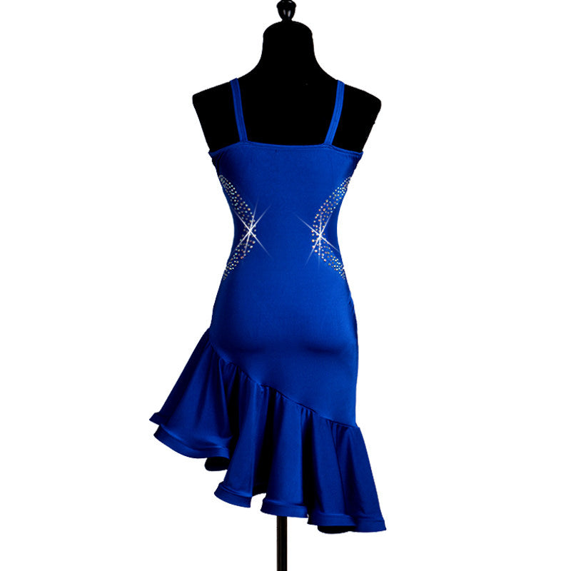Blue latin dance dress rear view showing the thin straps and open back