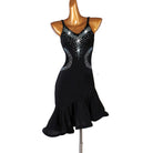Black latin dance dress with rhinestone V neckline and mermaid flounce hem