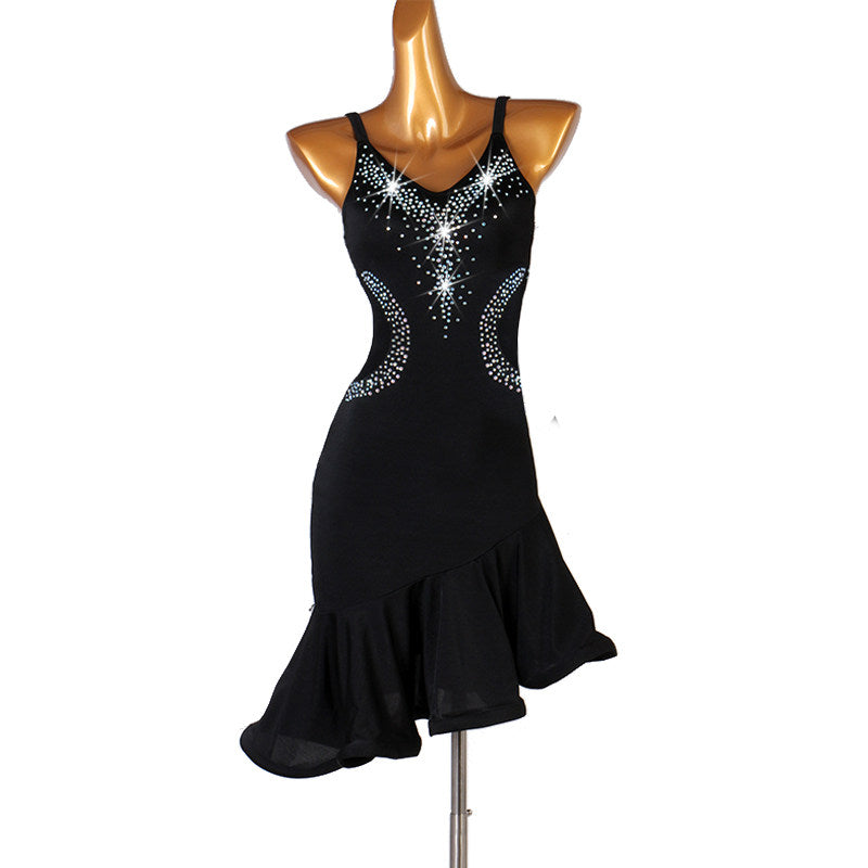 Black latin dance dress with rhinestone V neckline and mermaid flounce hem