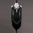 Black latin dance dress with cold shoulder mesh sleeves and black tassel fringe hem