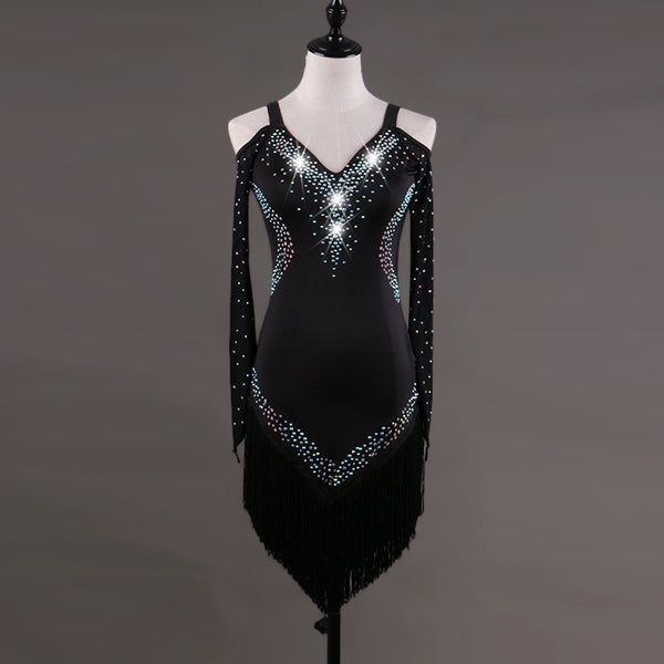 Black latin dance dress with cold shoulder mesh sleeves and black tassel fringe hem