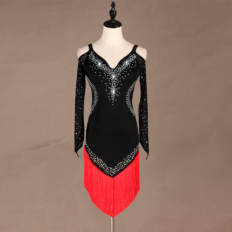 Black latin dance dress with red tassel fringe hem and rhinestone bodice