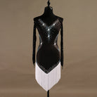 Black latin dance dress with white tassel fringe hem and cold shoulder sleeves