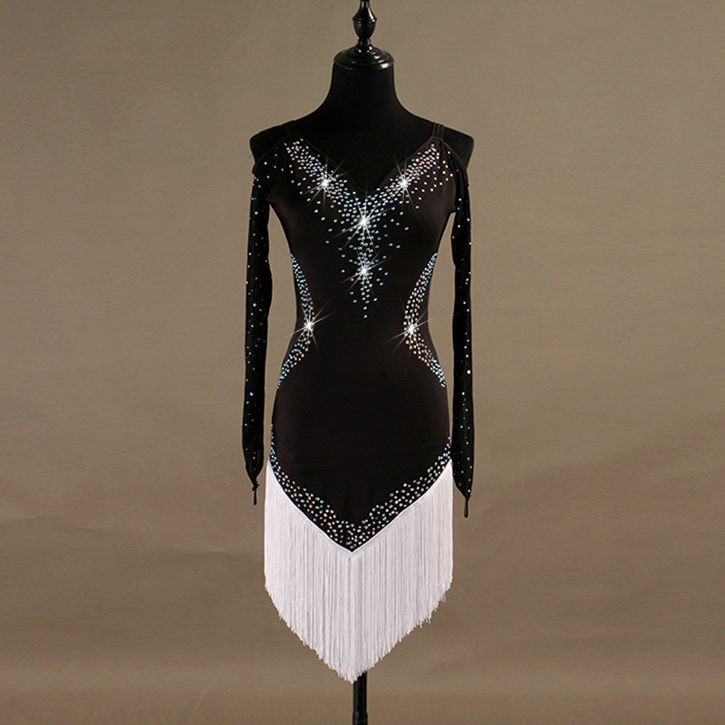 Black latin dance dress with white tassel fringe hem and cold shoulder sleeves