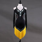 Black latin dance dress with yellow tassel fringe hem and rhinestone bodice