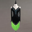 Black latin dance dress with green tassel fringe hem and cold shoulder sleeves