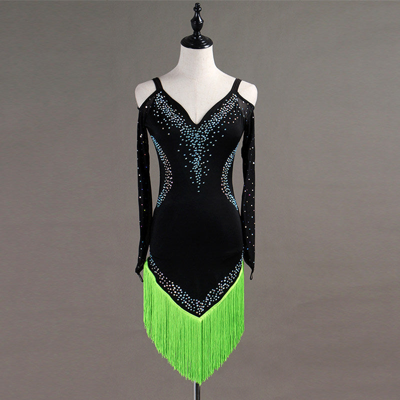 Black latin dance dress with green tassel fringe hem and cold shoulder sleeves