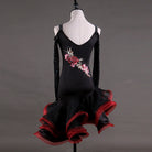 Black latin dance dress rear view showing the cold shoulder cutouts and stoned mesh sleeves