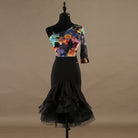 Latin dance dress with a floral print bodice, one shoulder half sleeve and black mermaid ruffle hem
