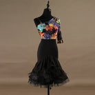 Latin dance dress with floral print bodice seen from the back showing the single strap