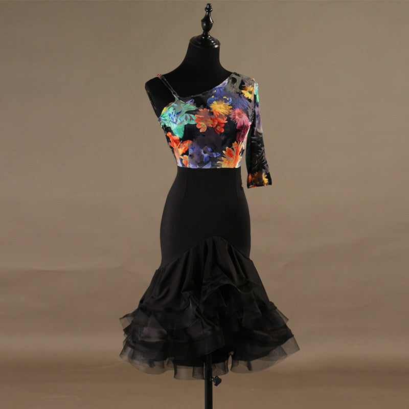Latin dance dress with floral print bodice seen from the back showing the single strap