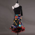Latin dance dress with plain black bodice and floral print mermaid skirt
