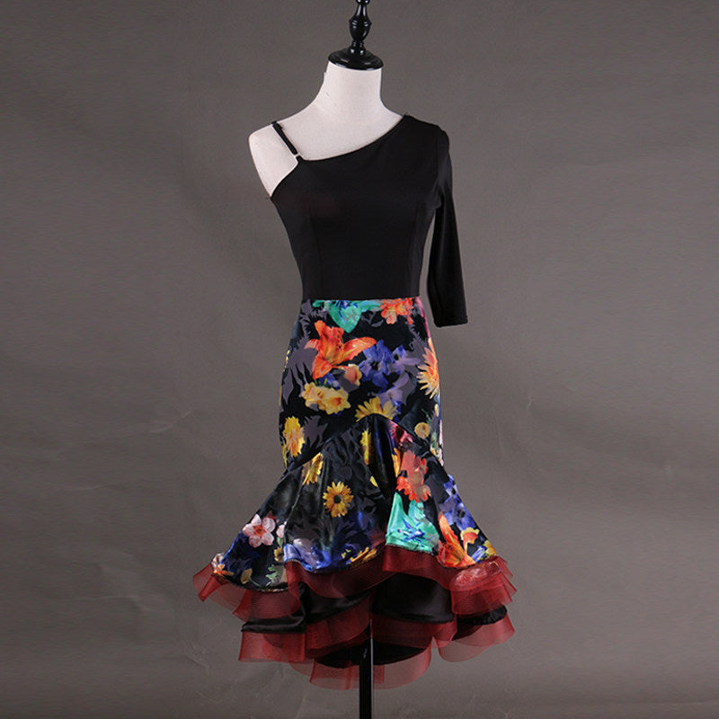 Latin dance dress with plain black bodice and floral print mermaid skirt