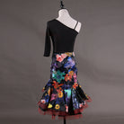 Latin dance dress with floral print skirt seen from the back with the red trimmed hem
