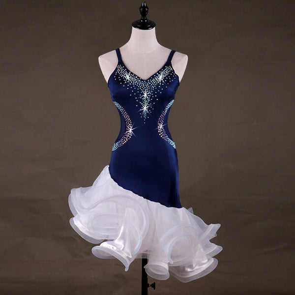 Navy velvet latin dance dress with rhinestone sweetheart neckline and white organza ruffle skirt