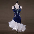 Navy velvet latin dance dress angled view showing the stoned hip curves