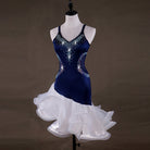 Navy velvet latin dance dress side view with the white ruffle layers