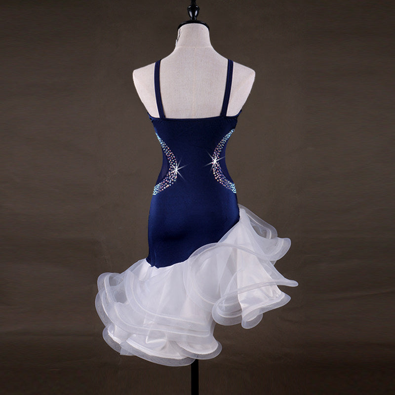 Navy velvet latin dance dress rear view showing the thin straps and open back