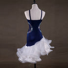 Navy velvet latin dance dress front view with the white ruffle skirt spread