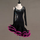 Black rhinestone latin dance dress with rose red curled organza ruffle skirt