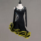 Black rhinestone latin dance dress with yellow curled organza ruffle skirt