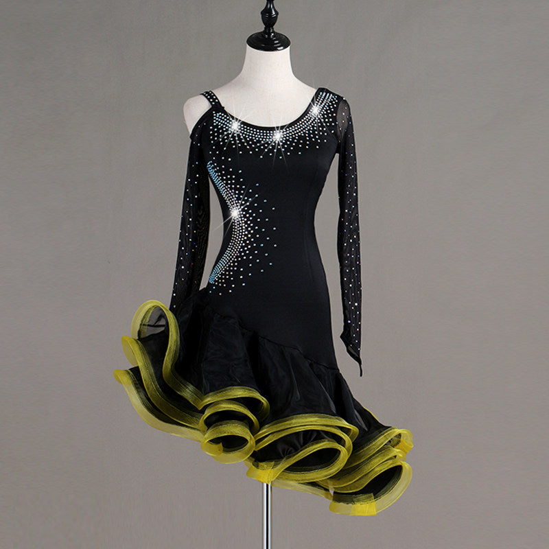 Black rhinestone latin dance dress with yellow curled organza ruffle skirt