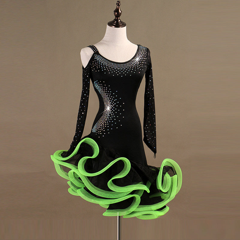 Black rhinestone latin dance dress with green curled organza ruffle skirt