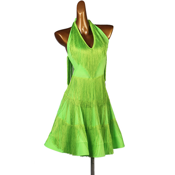 Green crinkle texture latin dance dress with halter neck and flared pleated skirt