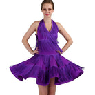 Model wearing the purple crinkle latin dance dress with flared skirt