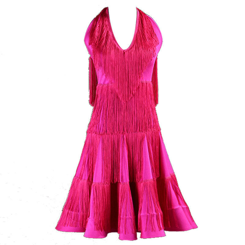 Rose red crinkle texture latin dance dress with halter neck and flared skirt