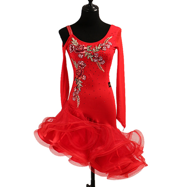 Red latin dance dress with gold and rose embroidery across the bodice and red ruffle skirt