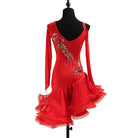 Red latin dance dress rear view showing the cold shoulder cutouts and mesh sleeves