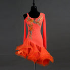 Orange latin dance dress with gold embroidery and orange curled organza ruffle skirt