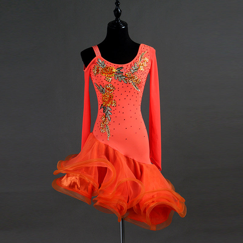 Orange latin dance dress with gold embroidery and orange curled organza ruffle skirt