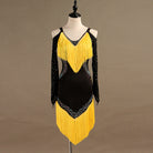 Black latin dance dress with yellow chevron fringe at the chest and hip