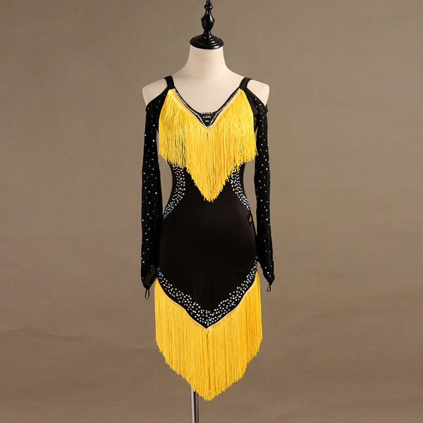 Black latin dance dress with yellow chevron fringe at the chest and hip