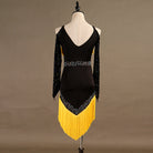 All black latin dance dress with chevron tassel fringe and sheer stoned waist
